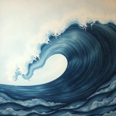 The primary subject of the image is a large wave with a hole in the center, painted in a blue and white color scheme. The wave is depicted in a painting style, giving it a unique and artistic appearance. The setting is a vast ocean, with the wave being the main focus of the scene. The overall atmosphere of the image is dynamic and captivating, showcasing the power and beauty of the ocean.